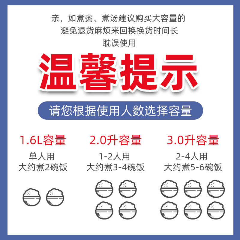 电饭煲家用2-4人1小型迷你3L智能单人多功能煮粥5升饭锅6 - 图1