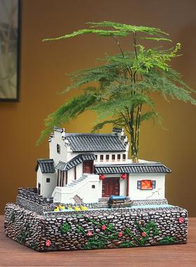 建筑模型摆件树脂微景观造景中式庭院盆景客厅花盆办公室创意房子