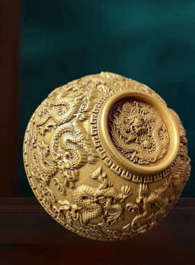 黄铜浮雕九龙供水碗圣水杯净水杯家用摆件开业乔迁佛前供碗龙碗