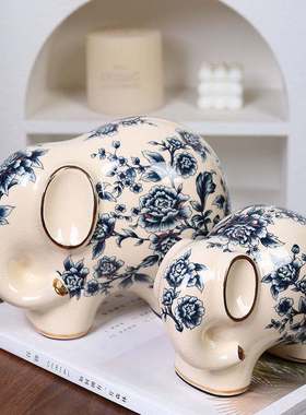 描金青花冰裂纹大象陶瓷复古象摆件创意客厅装饰品家居美式小工艺
