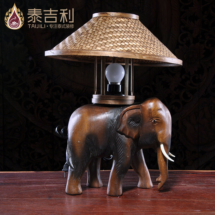 东南亚风格复古竹编创意卧室台灯床头灯 泰式木质雕刻大象台灯 - 图1