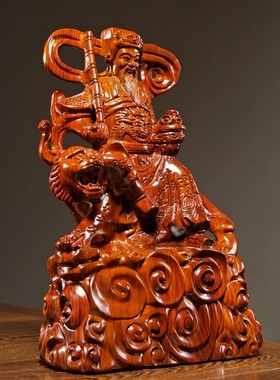 花梨木雕武财神赵公明骑虎神像摆件实木五路财神家居装饰工艺礼品