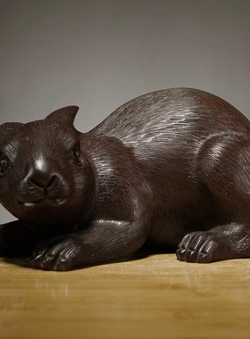 黑檀木雕刻兔子摆件三合动物十二生肖木兔家居客厅装饰红木工艺品