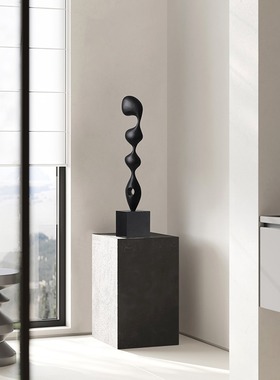 设计师抽象实木雕塑艺术摆件样板房客厅玄关高级感软装竖高装饰品