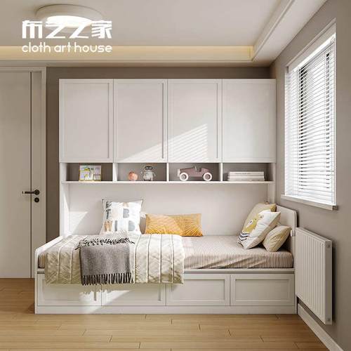 北欧简约榻榻米衣柜床一体组合现代小户型卧室省空间儿童定制床柜 - 图0