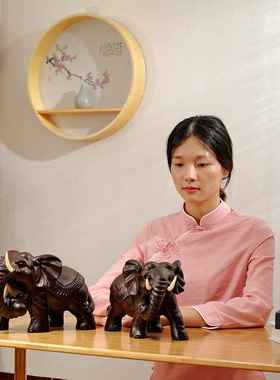 黑檀木雕大象摆件一对木质吸水象家居客厅店铺装饰红木工艺品送礼