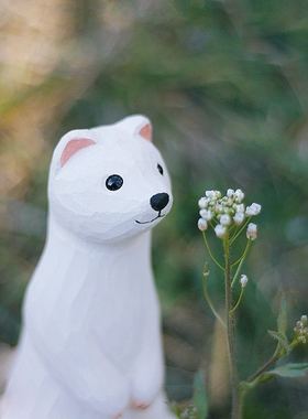 鹿妖商店 伶鼬 白鼬 雪貂 德拉科 纯手工木雕 实木动物治愈系摆件