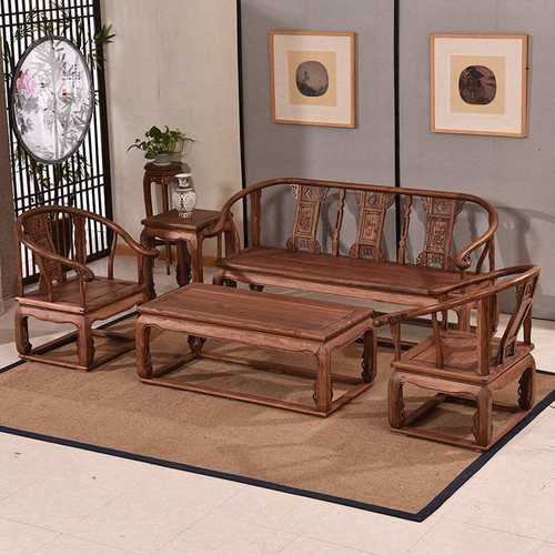 中式实木皇宫椅沙发五件套榆木仿古小户型客厅沙发茶几组合家具 - 图1