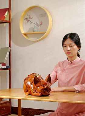 花梨木雕刻可爱笑脸十二生肖猪家居客厅电视柜装饰摆件开业送礼品