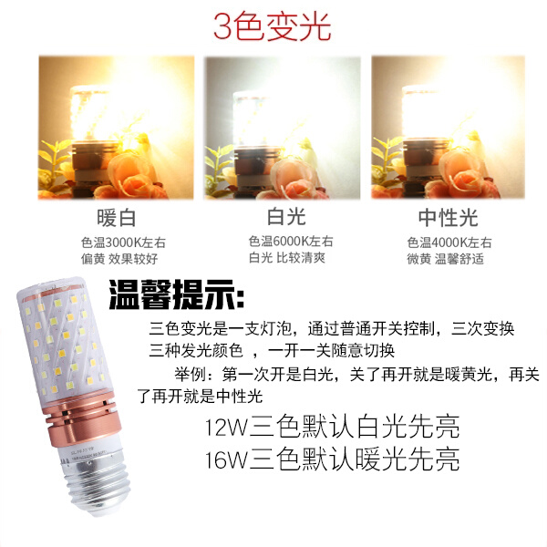 巨祥超亮led灯泡三色变光e27E14小螺口12W玉米灯蜡烛泡家用节能灯 - 图1