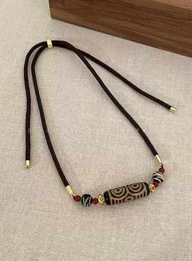 藏式民族风九眼财神天珠项链 新中式设计男女适用小众风格混合材