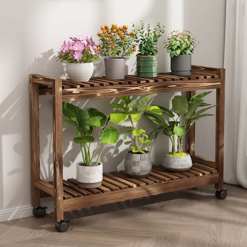 花架置物架阳台移动落地式带轮实木架子客厅室内户外防腐木花盆架 - 图3