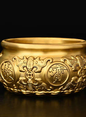 黄铜聚宝盆摆件五福香炉龙凤铜缸中式家居摆设客厅桌面装饰工艺品
