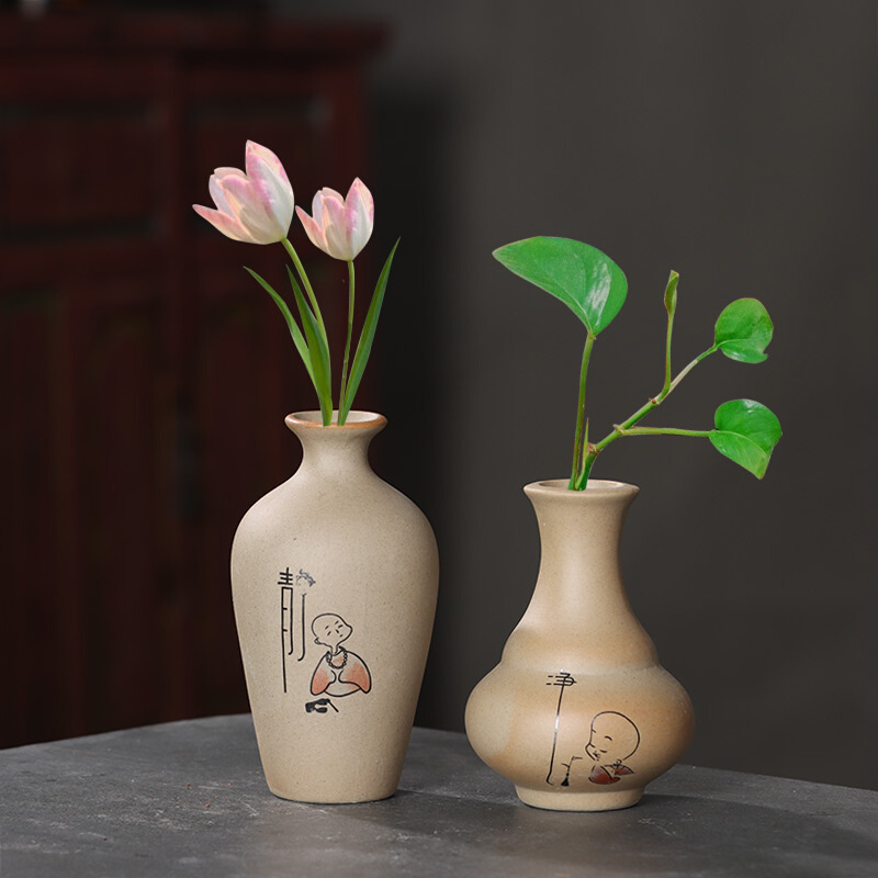 禅意花瓶装饰客厅茶桌茶宠摆件水培花盆器皿创意绿萝小花器粗陶瓷 - 图0