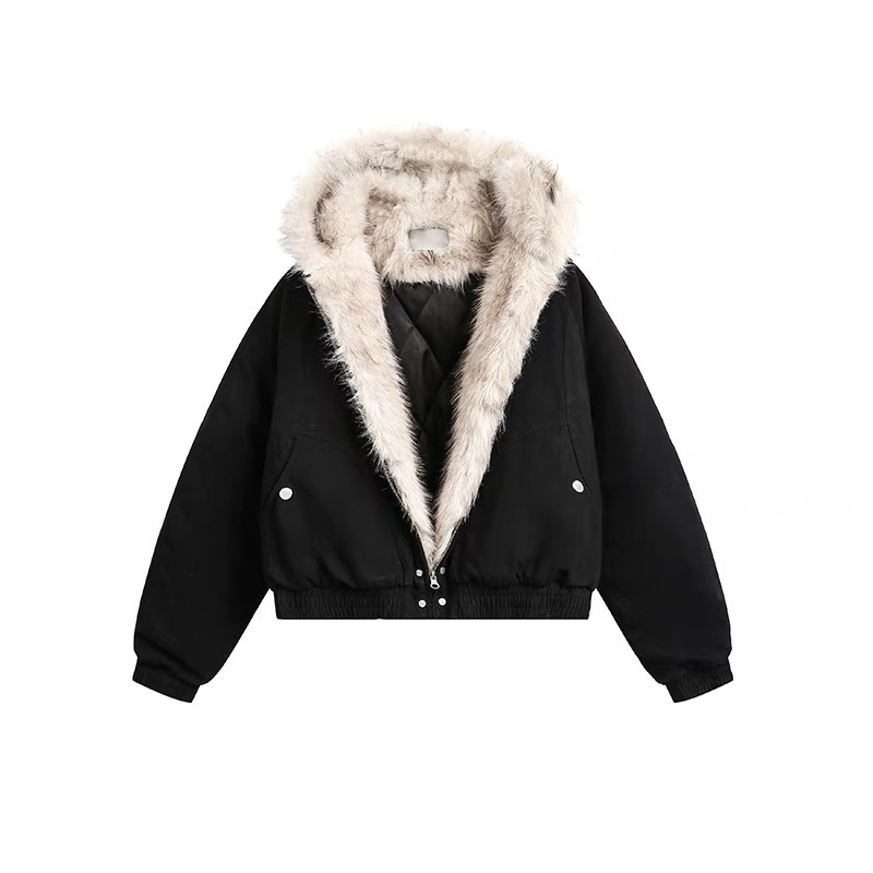 เสื้อแจ็กเก็ตฮู้ดขนสัตว์สไตล์อเมริกัน เสื้อโค้ทผ้าฝ้ายสำหรับชายและหญิง เสื้อแจ็กเก็ตทำงานทรงสั้น หนาพิเศษสำหรับฤดูหนาว