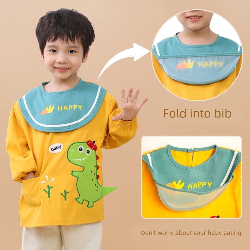 Baby smock, eating bib, autumn and winter children's long-sleeved waterproof, anti-dirty reverse dressing, baby rice pocket, kindergarten apron