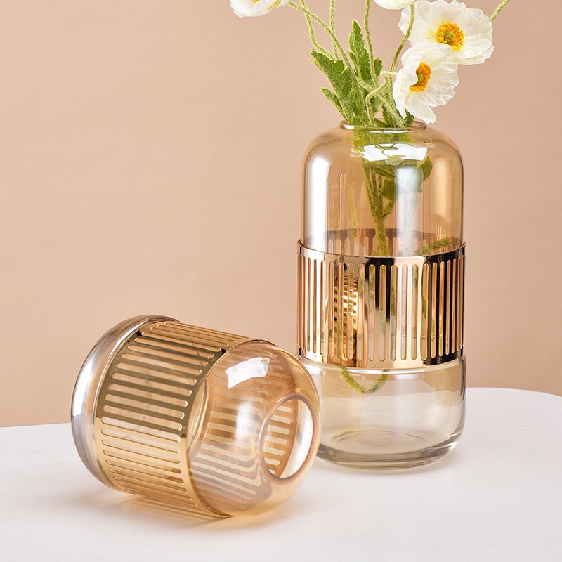 现代北欧玻璃花瓶轻奢风格金色客厅电视柜餐桌玄关后插花铁艺摆件 - 图2