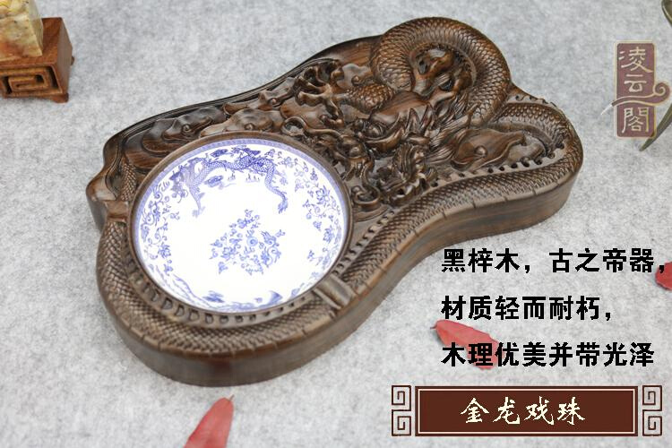 红实木雕花工艺品红木黑梓木皮灰复古中式烟灰缸陶瓷大号整料摆件 - 图0