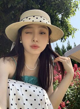 法式甜美波点绑系丝带遮阳草帽女海边度假风拍照氛围感平顶遮阳帽
