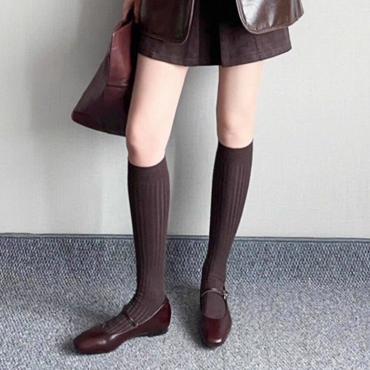 纯色小腿袜子女棕咖色棉袜日系中筒袜jk及膝袜显瘦长筒袜堆堆袜潮 - 图2