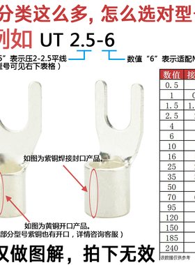 叉形冷压裸端子UT4-4/5/6/8压线耳铜线头 U型Y形端头接线端子镀银