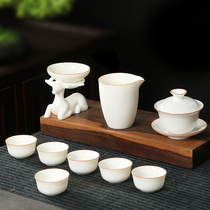 Shea Butter Jade Kung Fu Tea Set Suit Ceramic Chinese Defied White Porcelain Home Living Room Office Cover Bowl Tea Cup Whole Set