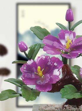 天然玉石牡丹花盆景摆件家居家饰客厅电视柜玄关新中式玉雕工艺品