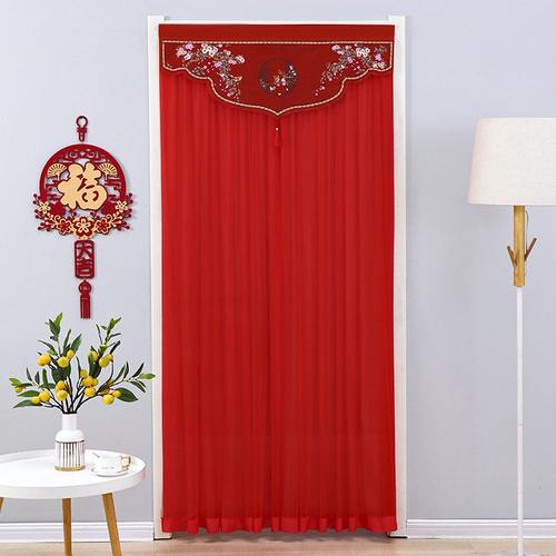 婚庆结婚双层门帘婚房家用红色喜庆卧室免打孔新款蕾丝防蚊门帘 - 图0