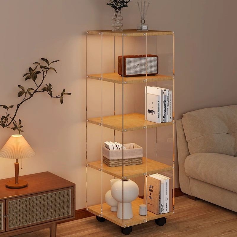 Solid wood bookshelf floor-standing storage rack acrylic multi-layer mobile living room bookcase display cabinet can be rotated in the study corner