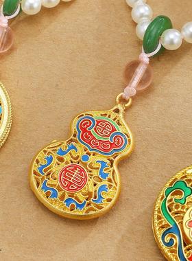 复古民族风五福圆满金色项链女景泰蓝吊坠中式长款毛衣链国风配饰