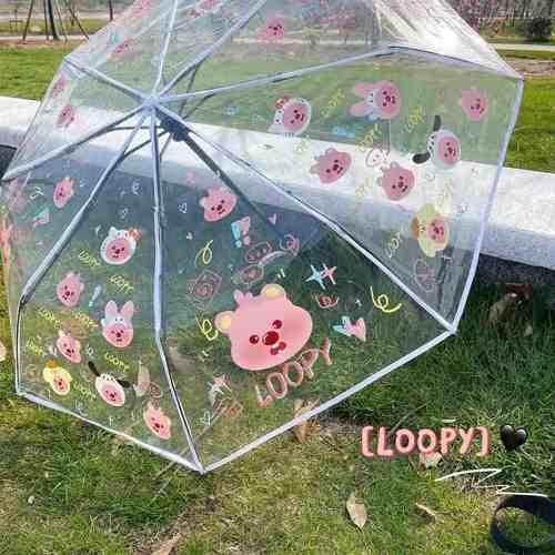 海狸loopy透明雨伞儿童长柄折叠可爱高颜值自动伞小学生专用女孩 - 图2