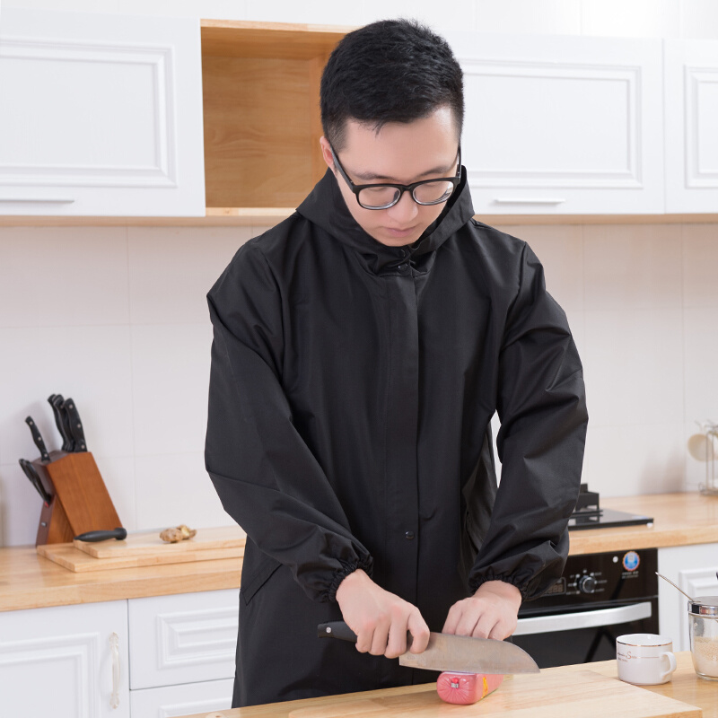 时尚风衣式大人罩衣女长袖围裙羽绒服防污外套厨房餐饮男工作服长