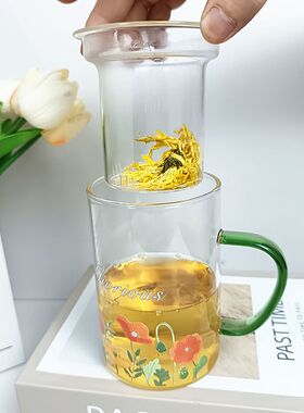 高硼硅玻璃杯可爱印花茶漏杯茶水分离三件套办公室茶杯家用花茶杯