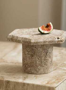 侘寂风创意黄洞石装饰摆件复古欧式收纳托盘高脚置物盘蛋糕水果盘