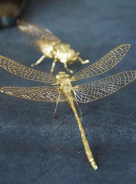 苏工纯手工实心铜镀金蜻蜓知了金蝉子摆件居室书房博古架摆件厂价