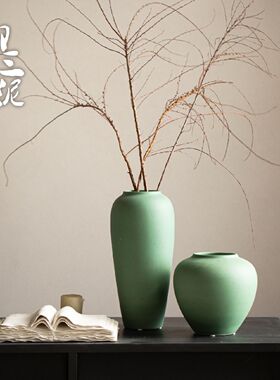 御三泥高级感可水培陶艺干花陶瓷插客厅玄关酒店装饰曼波绿色花瓶