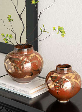 新中式复古霁红釉陶瓷花瓶宋代美学花器中古玄关客厅软装饰品摆件