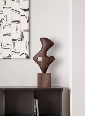 样板房创意抽象木雕工艺品摆件客厅玄关装饰品设计师软装艺术雕塑