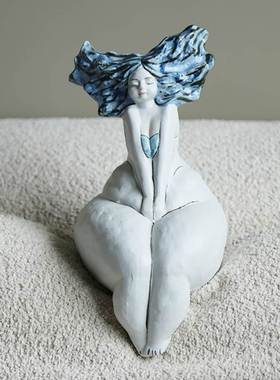 手工抽象人物海边蓝色女孩陶瓷雕塑玄关创意艺术装饰品工艺品摆件