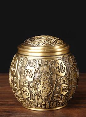 铜茶叶罐摆件  百福铜茶叶罐摆件 百福铜米缸罐摆件 带盖铜缸摆件