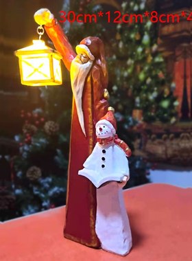 跨境新品圣诞老人和雪人小孩树脂雕塑圣诞礼品工艺品家居装饰提灯