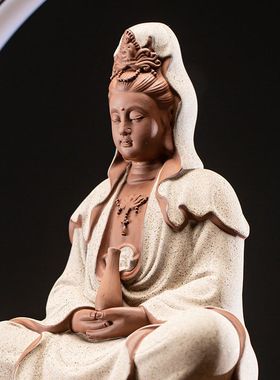 中式禅意摆件观世音菩萨佛像陶瓷家用灯圈客厅供奉倒流香玄关装饰