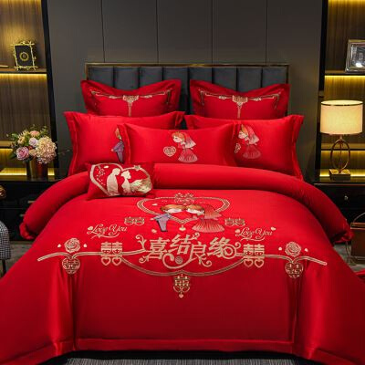 结婚床上用品四件套大红色婚庆婚房嫁喜庆喜被床裙款新婚礼中欧式