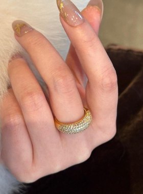 复古古法金色满钻奢轻高级钻满天星个性镶嵌感戒指简约指环半圈排