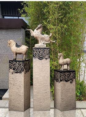 新中式仿古祥云展示柱落地摆件茶室栓马柱家居客厅玄关装饰品底座