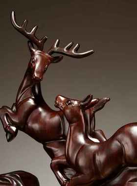 黑檀木雕动物梅花鹿摆件前程似锦红木工艺品家居寓意客厅装饰礼品