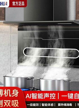 申花油烟机家用厨房顶侧双吸超薄款静音声控大吸力吸油烟机7字型