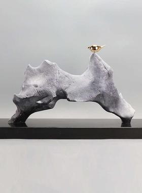 现代新中式禅意家居样板间书房办公室山石鸟雕塑桌面配饰玄关摆件