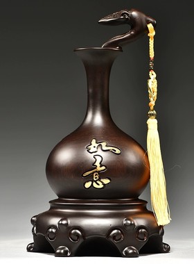 黑檀木雕如意花瓶寓意摆件家居客厅电视柜红木装饰工艺品乔迁送礼