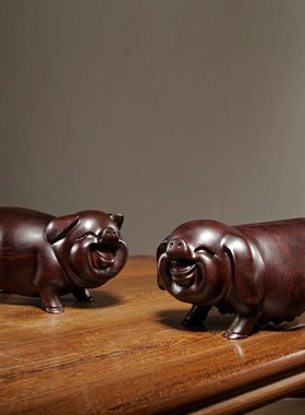 黑檀实木质雕刻一对猪摆件十二生肖动物猪家居桌面装饰红木工艺品
